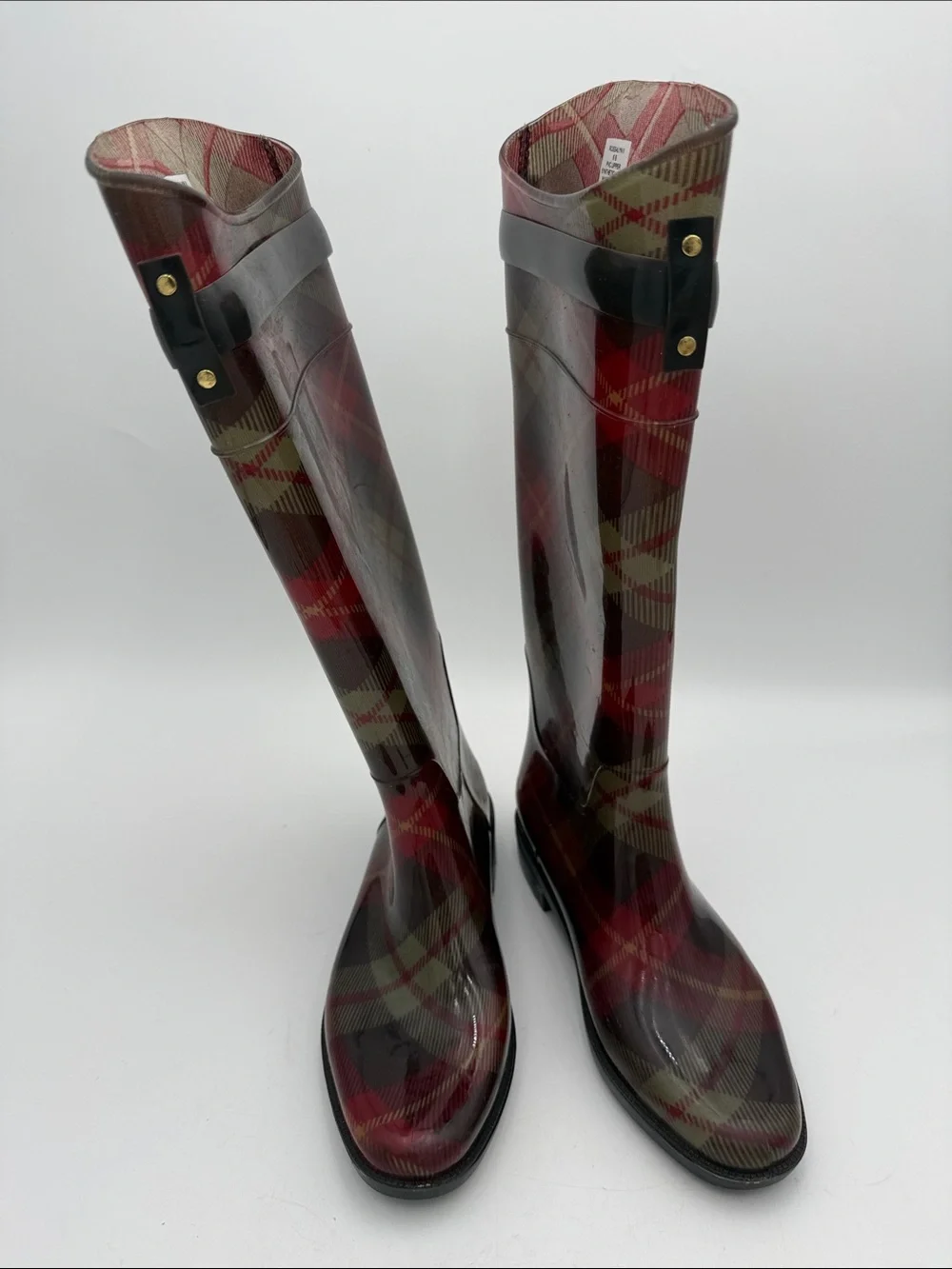 Lauren Ralph Lauren Red Plaid Tall Rain Boots women 6  Black Strap outdoor
